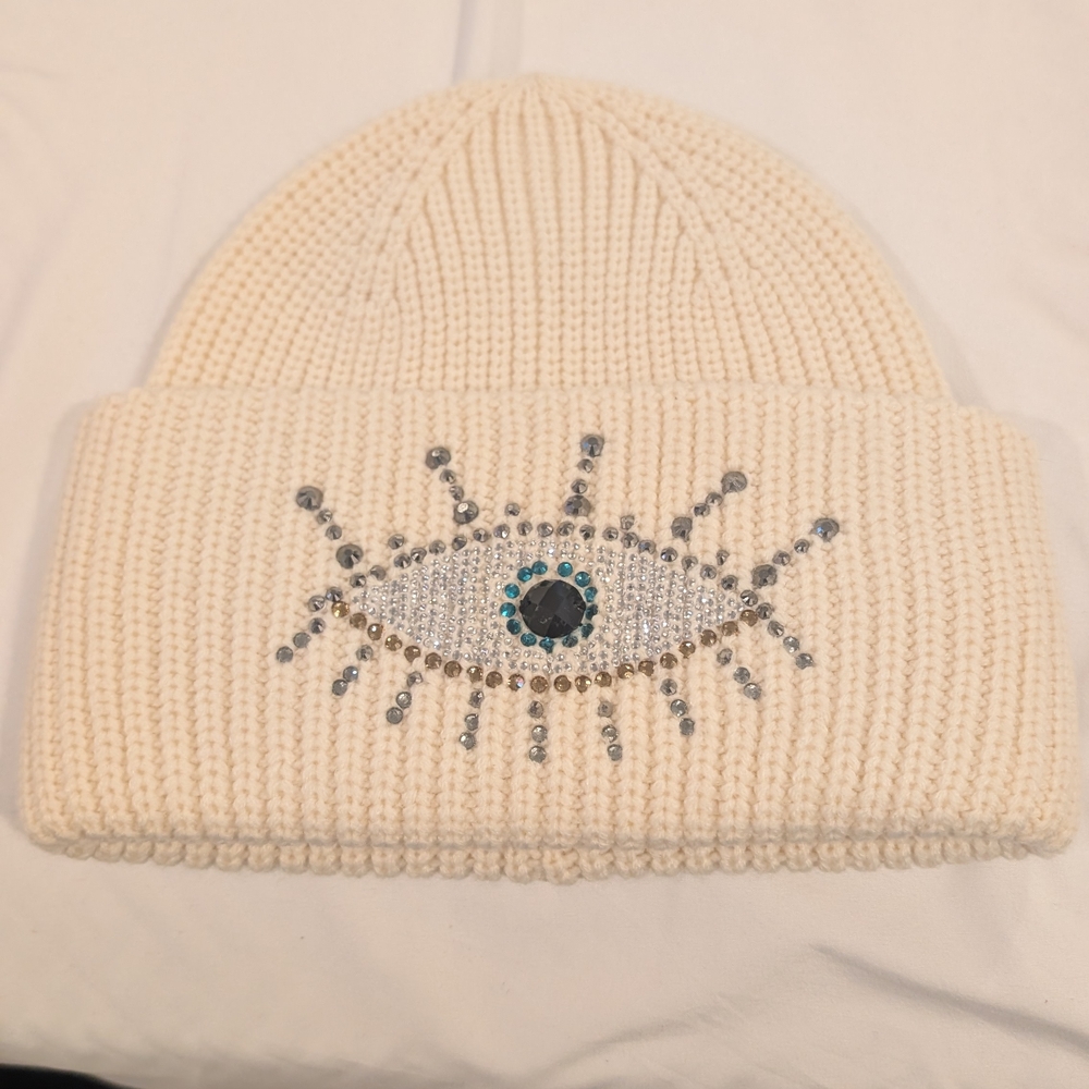Kurt Geiger Cream Beanie with Jeweled Eye